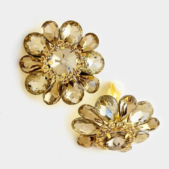 Brown Flower Crystal Clip On Earrings NWT - Picture 3 of 5